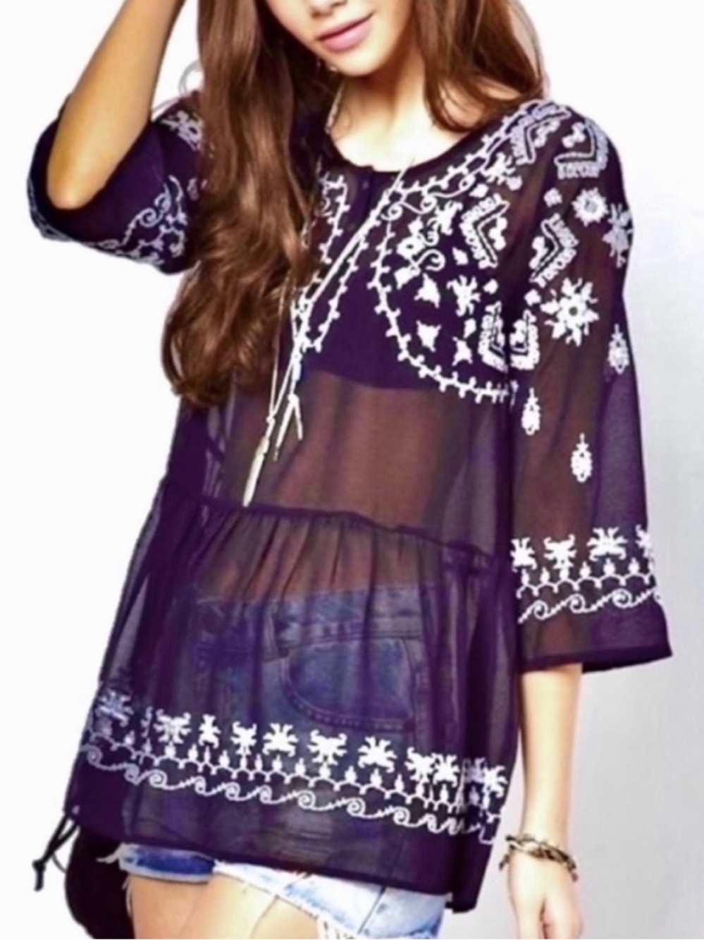 πΊπHPππΊ NWT Free People Pennies Sequel Embroidered Blouse - Picture 7 of 16